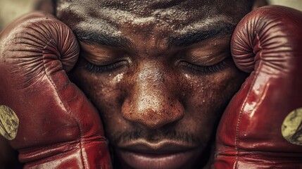 Close-up of a boxer's gloved hands resting on their face after a fight, eyes closed, showing exhaustion and strength.