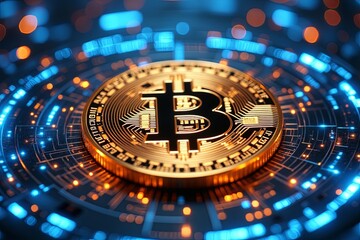 A commercial blockchain concept, featuring a highly detailed, photorealistic digital coin (cryptocurrency) with intricate
