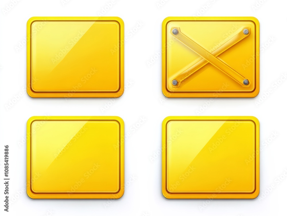 Poster yellow square buttons: a set of four glossy, modern ui elements
