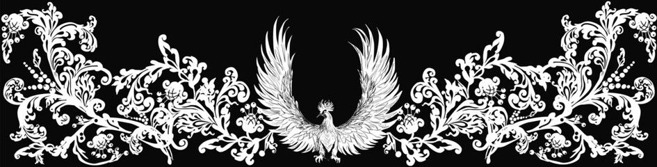 white curled ornamet decorated by phoenix isolated on black
