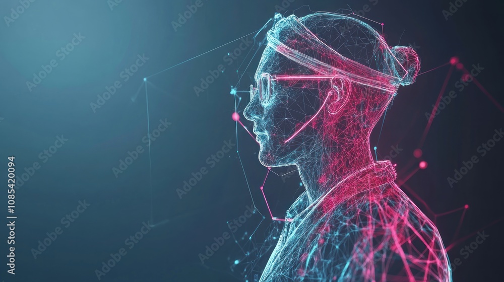 Poster digital portrait: a futuristic profile of a person rendered in a network of glowing lines and points