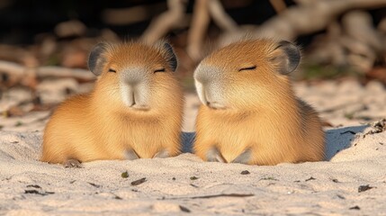 Two capybaras relax side by side on a sandy beach, basking in the sunlight and exuding tranquility in a natural, serene setting.
