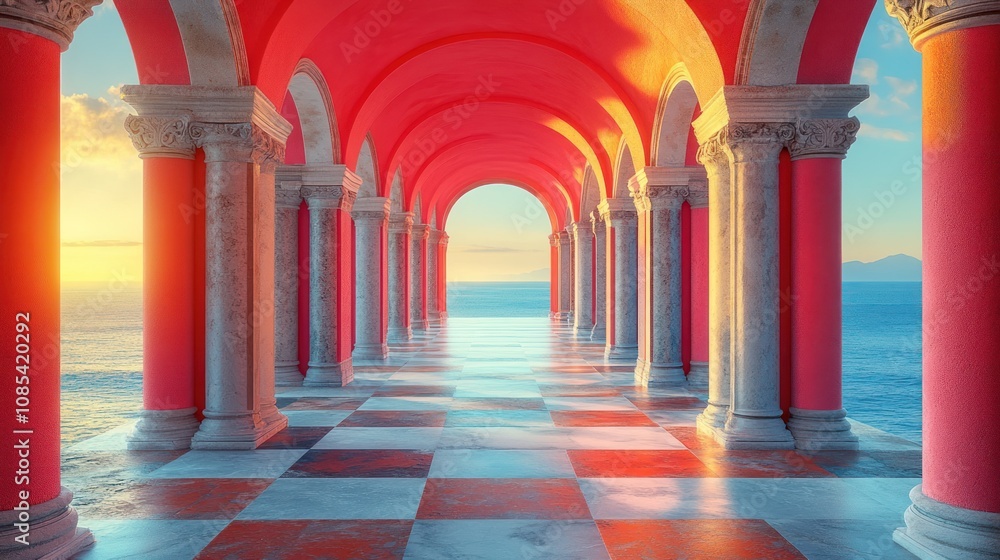 Poster vibrant architectural corridor with ocean view and colorful columns.