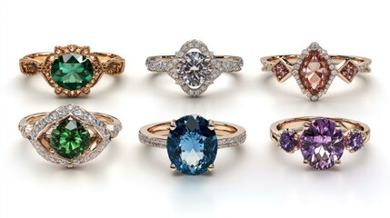 Stunning Collection of Elegant Jewelry Rings Featuring Various Precious Stones and Intricate Designs Displayed on a Soft Neutral Background