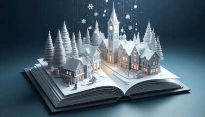 Fototapeta premium Christmas card : story book with Santa Claus, Christmas trees, snowman, reindeers, bells, stockings, ornaments, snowflakes, snowy village, gifts,