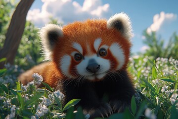 Naklejka premium A curious red panda lies comfortably in a lush green meadow filled with delicate white flowers under a bright blue sky, creating a serene and picturesque wildlife scene.