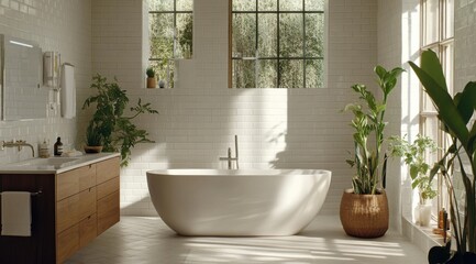 Fototapeta premium serene bathroom with an elegant freestanding tub, white tiles on the walls and floor