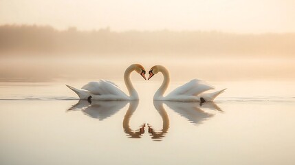 Fototapeta premium Loving Swans Forming a Heart Shaped Reflection on Peaceful Lake