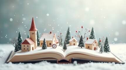 Christmas card : story book with Santa Claus, Christmas trees, snowman, reindeers, bells, stockings, ornaments, snowflakes, snowy village, gifts,