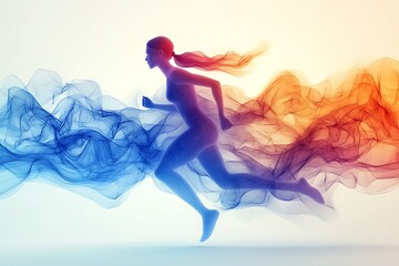 Woman running with multi colors flowing wave