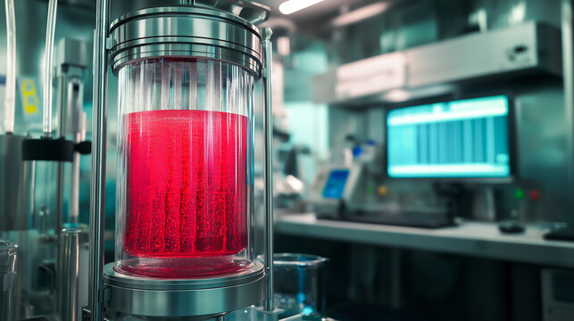 A bioreactor stimulating a vibrant red culture in a state-of-the-art laboratory. The bioreactor features a sleek, transparent chamber with visible red liquid. Bioreactor undergoes cultivation