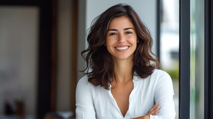 Smiling Young Woman with Long Hair in Bright Natural Light, Standing Against Window, Exuding Confidence and Approachability in Contemporary Indoor Setting