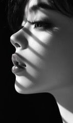 asian woman portrait in black and white with shadow in vertical orientation, best for social media post