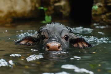 Fototapeta premium A baby water buffalo swimming in a calm natural pond, symbolizing innocence, nature, and the beauty of wildlife.