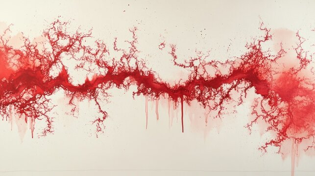 Red ink drip spreading on paper, forming chaotic patterns and soft gradients