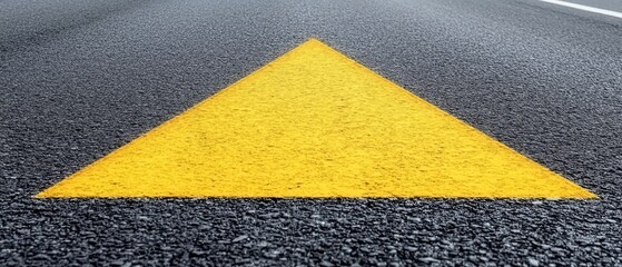 Road Ahead: A vibrant yellow triangle road marking on dark asphalt.  A symbol of caution, guidance, or direction.