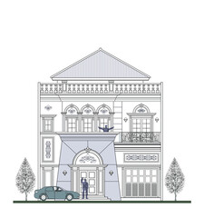 Naklejka premium Facade of 2 storeys symmetrical modern classic house with 2 doors, 6 windows, balustrade, frame, 4 columns, decoration, canopy, crowns, balcony, trapezoidal wall element and roof.