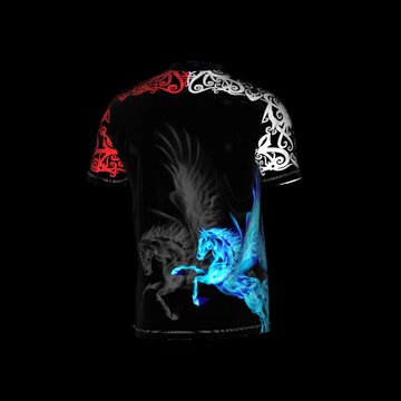pegasus and tribal design 3D animation football jersey rotating 360 degree. Sport t-shirt with V neck and yellow design. Concept for soccer team uniform or football apparel mock up. Green screen