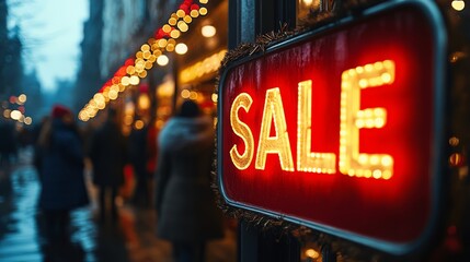 Sale Sign Beckons:  A glowing "SALE" sign beckons shoppers amidst a bustling city street, capturing the excitement and allure of a retail opportunity. 