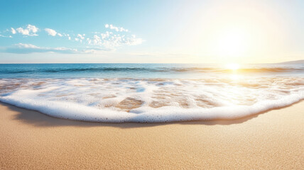 Obraz premium tranquil beach scene with sparkling ocean waves and golden sand. sun sets beautifully, creating serene atmosphere. Environmental Protection Policy concept