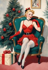 Retro Christmas Card with Pin-Up in Red Outfit Sitting by a Christmas Tree &ndash; Festive Holiday Illustration
