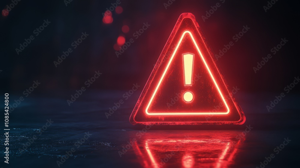 Poster glowing neon warning sign: red alert! a vibrant, illuminated triangular warning sign with an exclama
