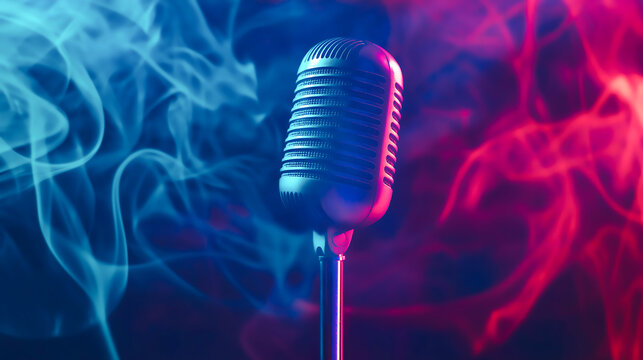 Podcast microphone with shining colorful sound waves on dark background. Podcast microphone surrounded by colorful, dynamic smoke waves
