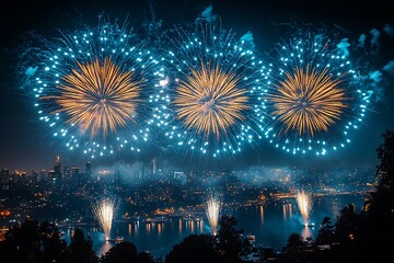 Naklejka premium Beautiful Fireworks in the city with night mode