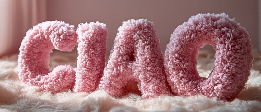 Letters "CIAO" crafted in fine fluffy plush texture pastel tones on a clean, light background with volumetric lighting  - Powered by Adobe