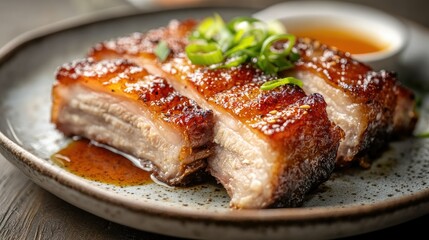 Close-up of crispy pork belly with a golden-brown crust, served on a plate with a tangy dipping sauce, and a garnish of sliced green onions