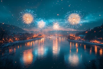 Beautiful Fireworks in the city with night mode