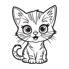 Smiling Cartoon Cat Illustration in Black and White, Cute Cat Outline Artwork for DIY Coloring Activities