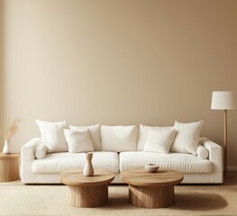 serene living room with a cream sofa, wooden coffee table