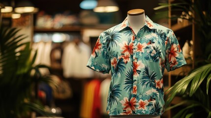 Obraz premium Tropical Floral Shirt on Display in Boutique with Lush Greenery and Soft Ambient Lighting, Perfect for Summer Fashion and Casual Wear