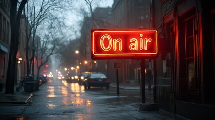 Neon "On Air" Sign in Rainy City Street: A vibrant red neon sign, illuminating the words "On Air," stands out against the backdrop of a rainy city street.