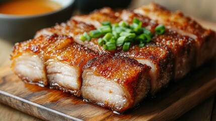 Close-up of golden-brown pork belly with a crispy crust, served with a tangy dipping sauce and a garnish of green onions