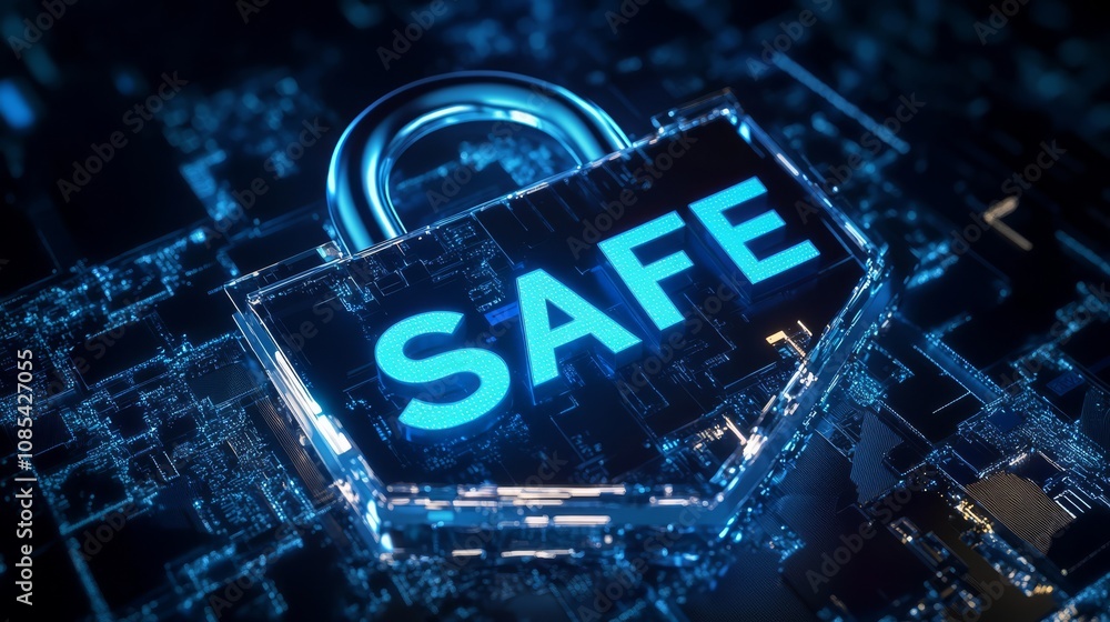 Poster safe dark blue backdrop with digital padlock for computer system, cyber security technology for prev