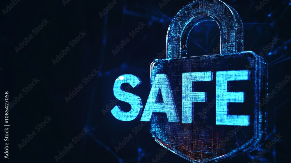 Poster safe dark blue backdrop with digital padlock for computer system, cyber security technology for prev