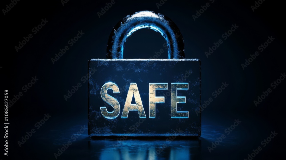 Poster safe dark blue backdrop with digital padlock for computer system, cyber security technology for prev