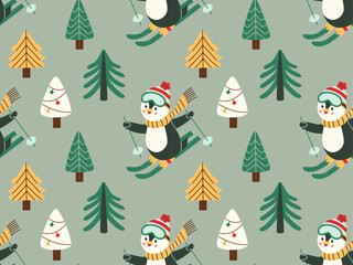 Seamless Christmas pattern with skiing penguins, decorated trees, and snow in flat style. Ideal for holiday wrapping paper, fabric, and winter-themed projects.