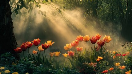 Obraz premium Close-up of red and yellow tulips surrounded by mist, creating a soft, enchanting morning scene in the garden