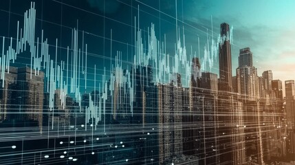 Modern City with Stock Market Data Visualization