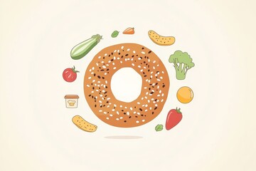 Flat vector illustration of a bagel with cream cheese and a sprinkle of sesame seeds, surrounded by simple icons of coffee and fresh vegetables. National Bagel Day.