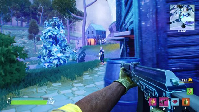 Winning Multiplayer Match In Online Computer Game By Slaying Enemies. Using Assault Rifle Weapon In Online Computer Game. Collecting Power Ups In Online Computer Video Game. Digital Concept