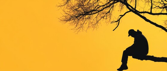 Emotional veil Concept. A silhouette of a person sitting alone on a branch against a vibrant orange-yellow background, evoking feelings of solitude and introspection.