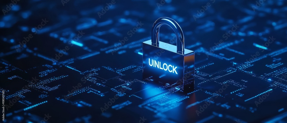 Poster cybersecurity unlocked: a gleaming padlock rests on a digital circuit board, its glowing 