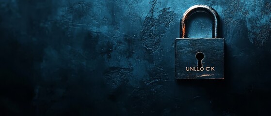Unlocking Potential:  A solitary padlock with the word "UNLOCK" etched on its surface hangs against a deep blue, textured backdrop.  The image evokes themes of security, safety.