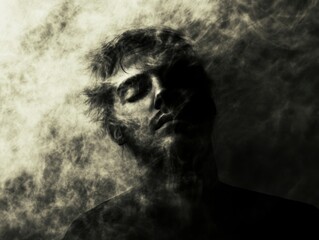 Fototapeta premium Emotional veil Concept. A serene image of a person's face partially obscured by abstract, cloudy textures, evoking themes of introspection and dreaminess.