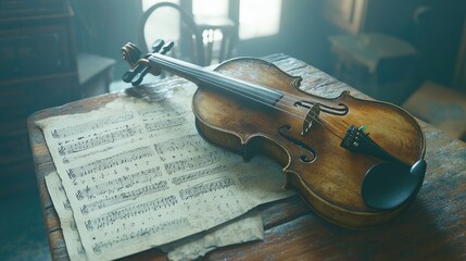 Fototapeta premium Vintage Violin on Sheet Music in Soft Light Within an Elegant Room, Evoking Musical Inspiration and a Nostalgic Atmosphere for Art or Music Projects