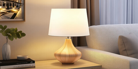 Contemporary Table Lamp with White Shade on Wooden Base Placed Near a Window
